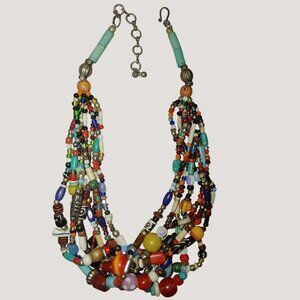 Necklace Statement Vintage Multicolor Glass Blend Bead Multi Strand Hook Clasp